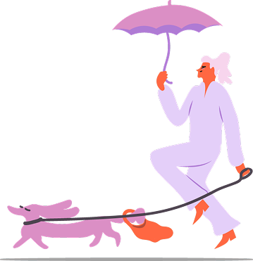 Siisti Kirppis ikonikuva: kävelevä henkilö sateenvarjon ja koiran kanssa, moderni vektorikuva.