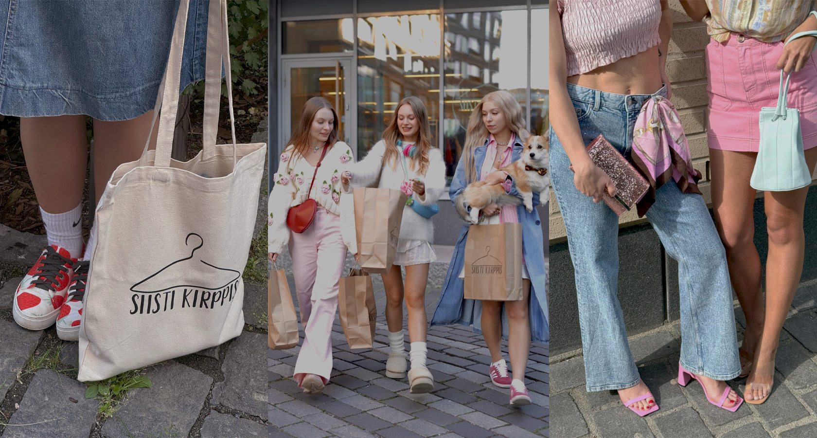 Siisti Kirppis: tyytyväisiä asiakkaita ja brändätty kangaskassi second-hand ostoksilla Helsingissä.